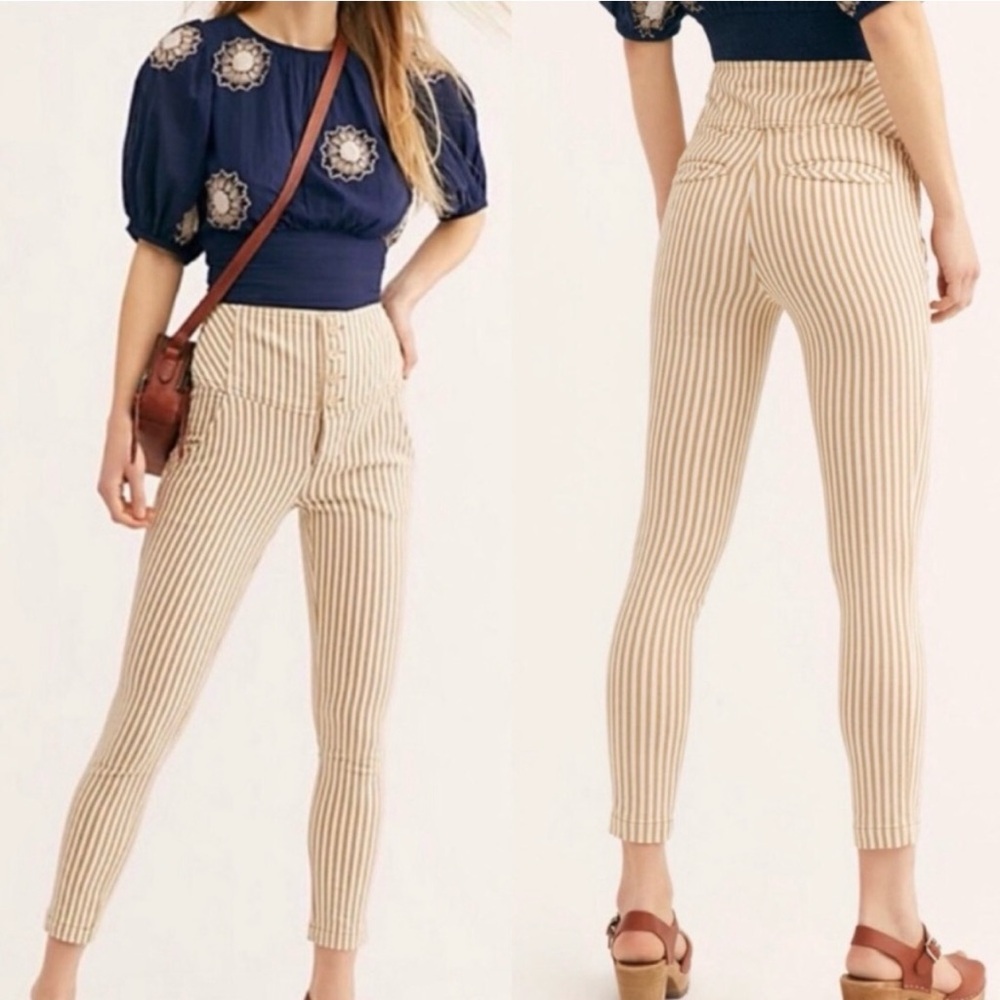 Free People Tan and White Cropped High-Waisted Pants